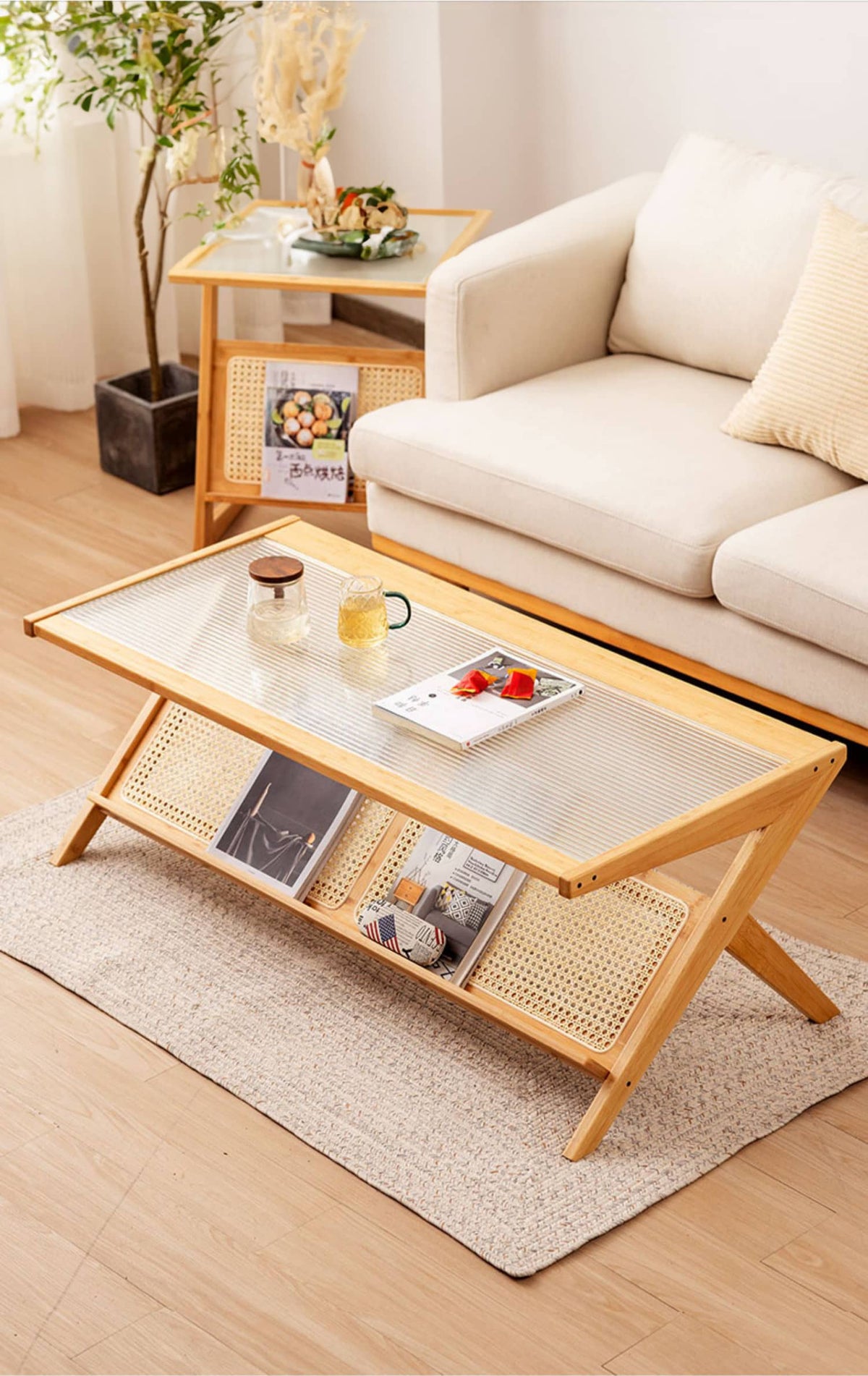 Stylish Dark Brown Bamboo Tea Table with Glass Top - Durable ABS Resin Design hsl-79