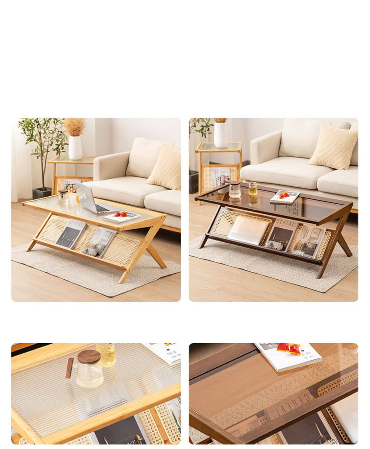 Stylish Dark Brown Bamboo Tea Table with Glass Top - Durable ABS Resin Design hsl-79