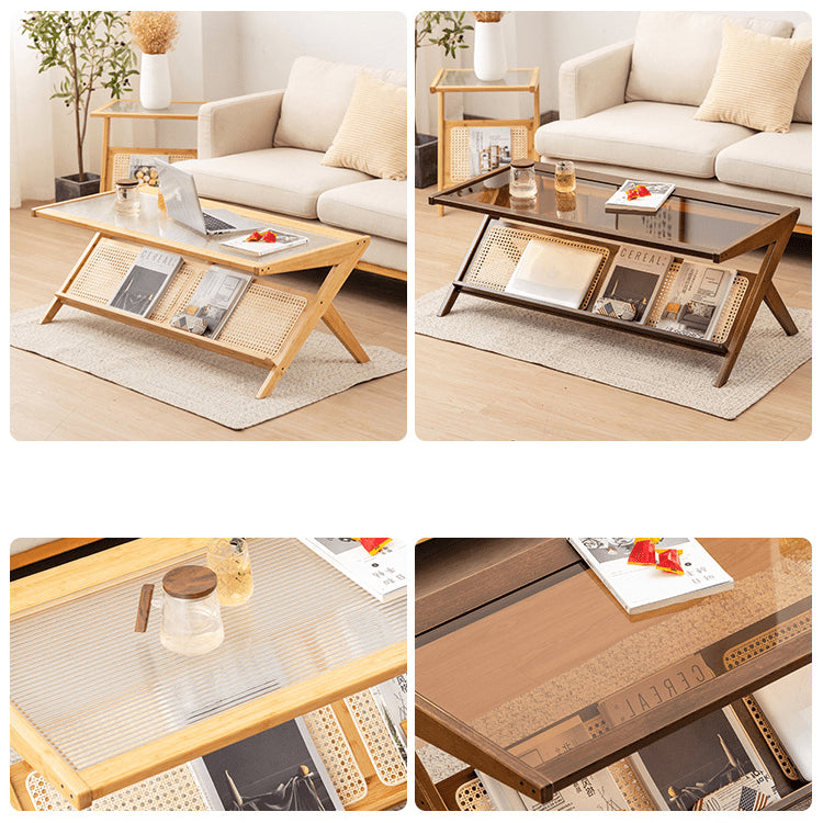 Stylish Dark Brown Bamboo Tea Table with Glass Top - Durable ABS Resin Design hsl-79