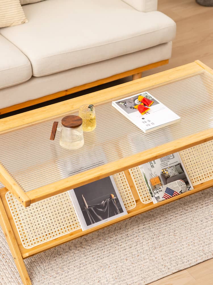 Stylish Dark Brown Bamboo Tea Table with Glass Top - Durable ABS Resin Design hsl-79