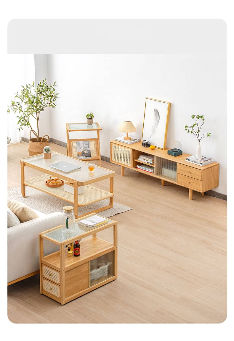 Stylish Natural Wood TV Cabinet with Bamboo Shelves, Durable ABS Resin, and Glass Doors hsl-80