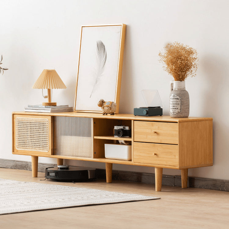 Stylish Natural Wood TV Cabinet with Bamboo Shelves, Durable ABS Resin, and Glass Doors hsl-80