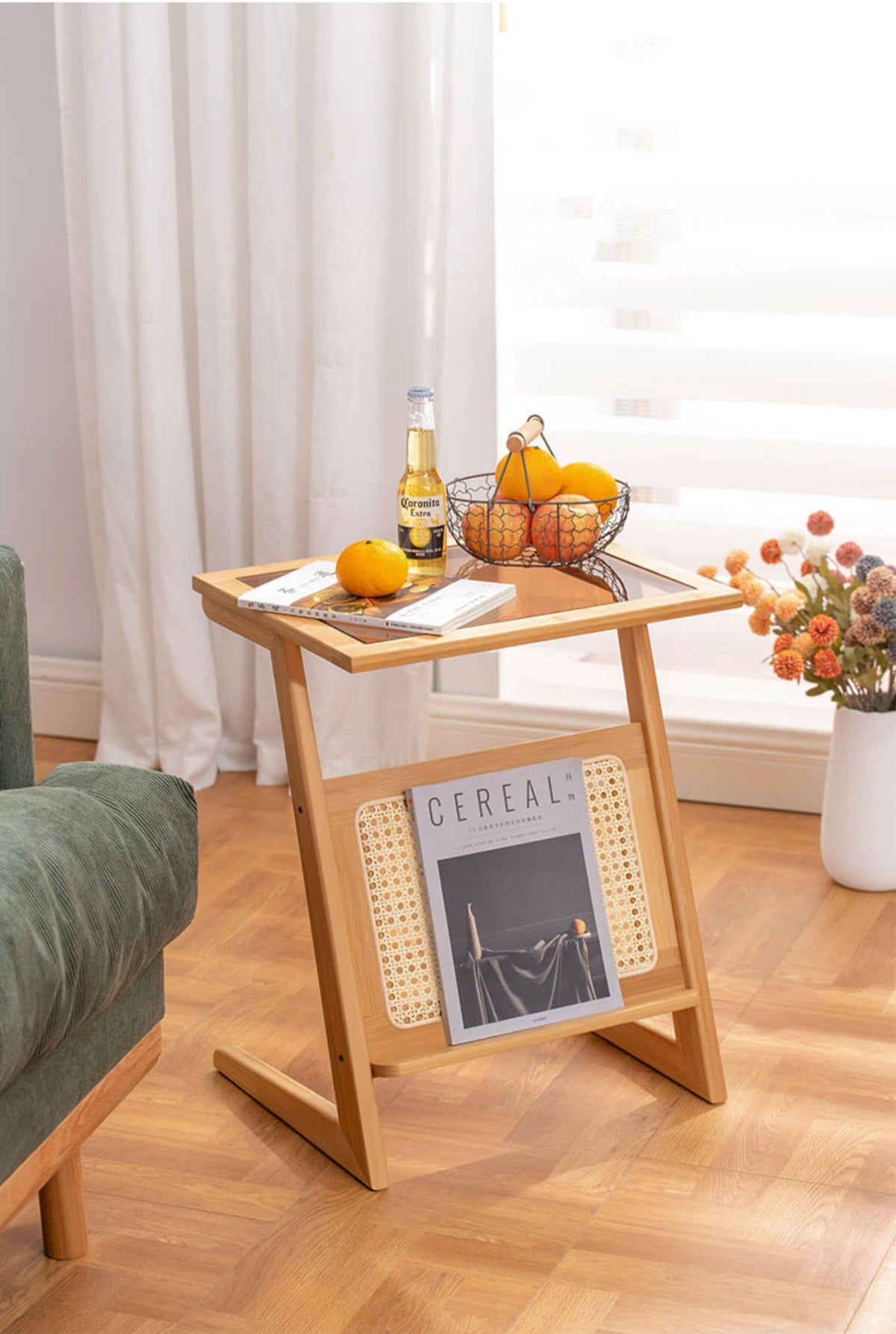 Stunning Natural Wood Tea Table with Intricate Bamboo and Rattan Weaving - Reeded Glass Top in Elegant Brown Grey hsl-84