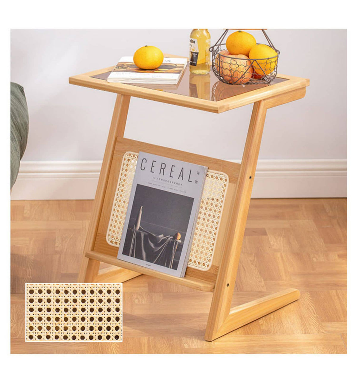 Stunning Natural Wood Tea Table with Intricate Bamboo and Rattan Weaving - Reeded Glass Top in Elegant Brown Grey hsl-84