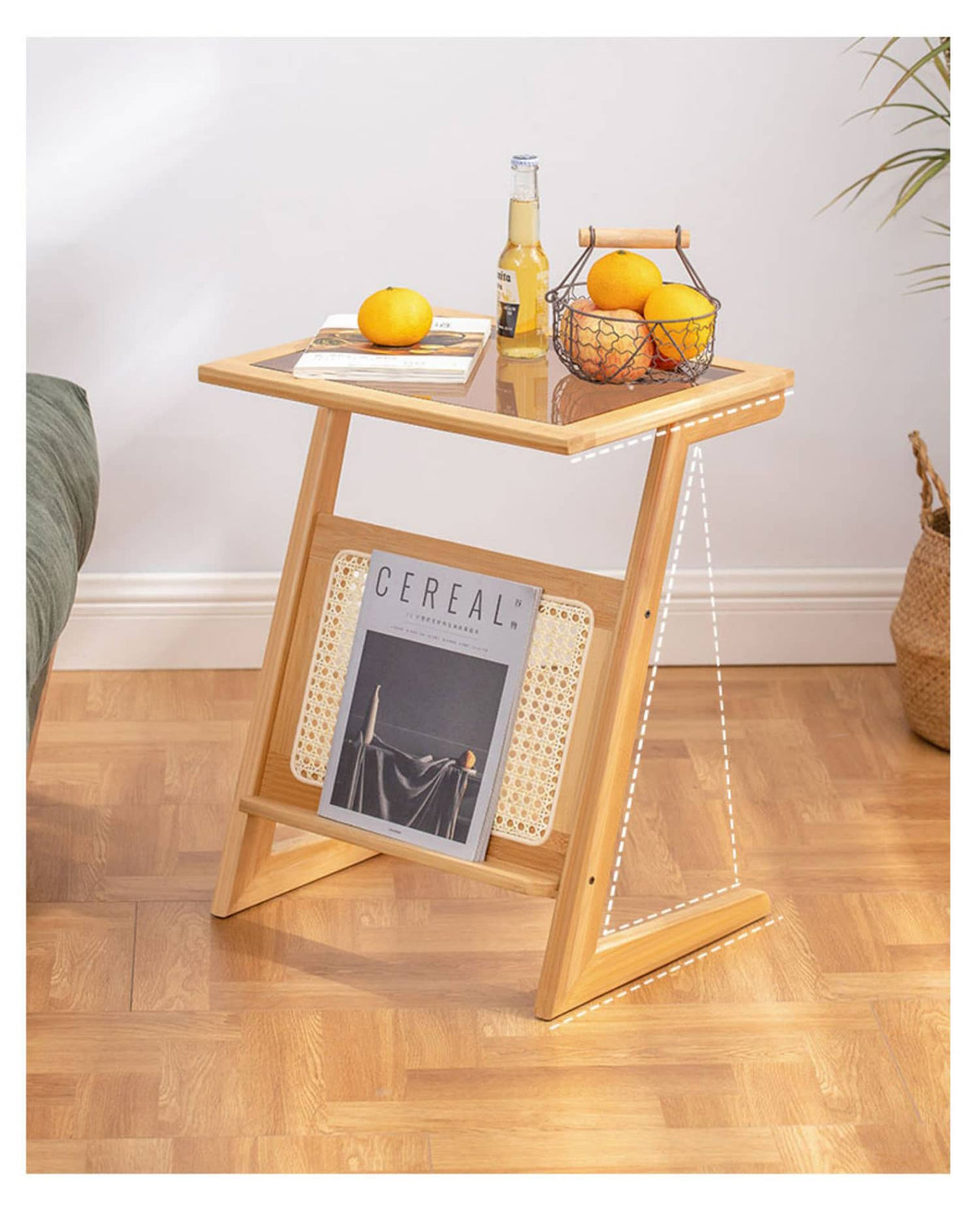 Stunning Natural Wood Tea Table with Intricate Bamboo and Rattan Weaving - Reeded Glass Top in Elegant Brown Grey hsl-84