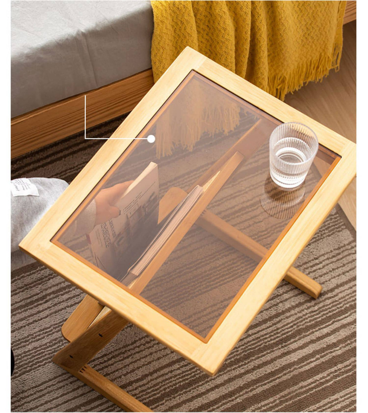 Stunning Natural Wood Tea Table with Intricate Bamboo and Rattan Weaving - Reeded Glass Top in Elegant Brown Grey hsl-84