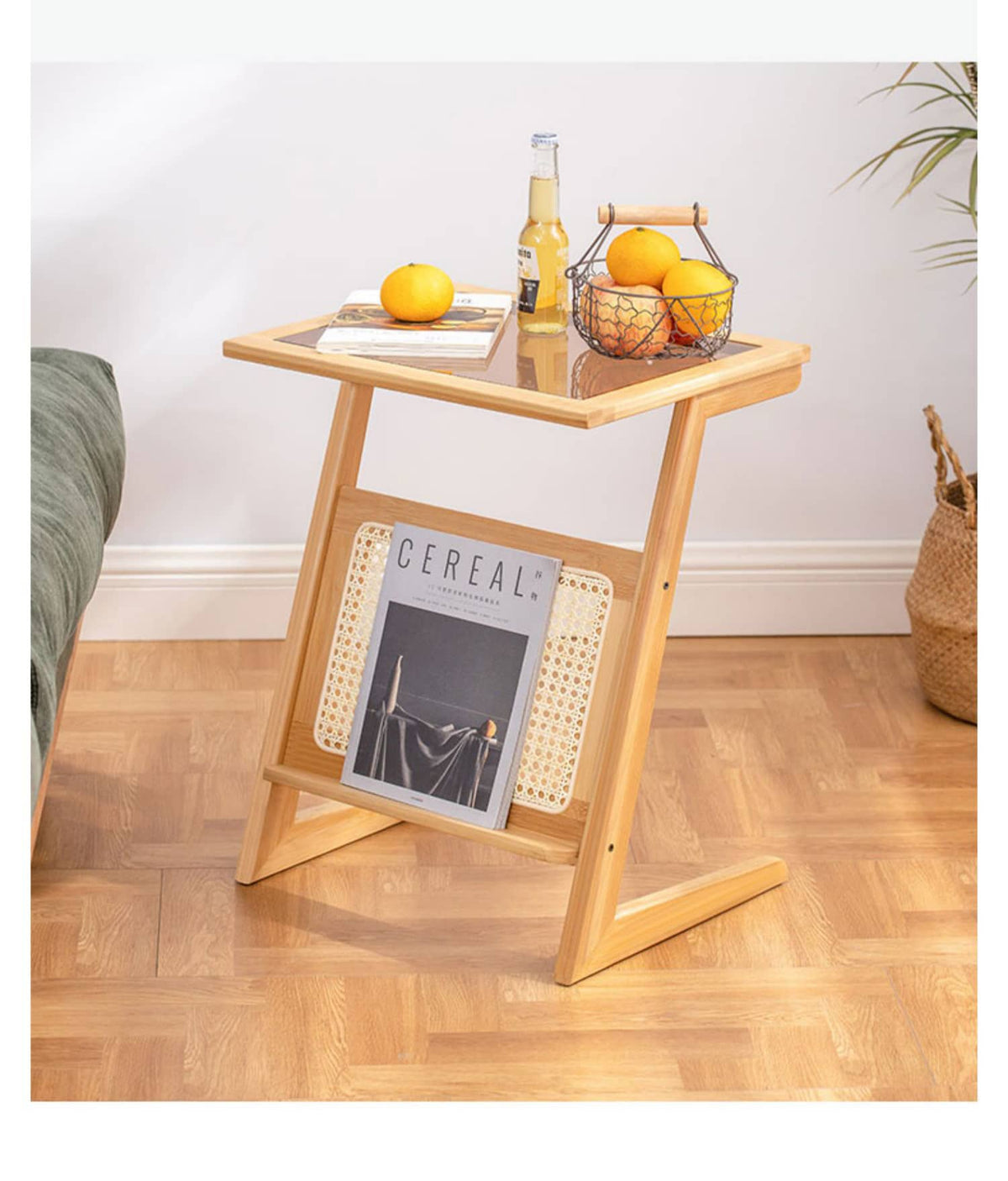 Stunning Natural Wood Tea Table with Intricate Bamboo and Rattan Weaving - Reeded Glass Top in Elegant Brown Grey hsl-84