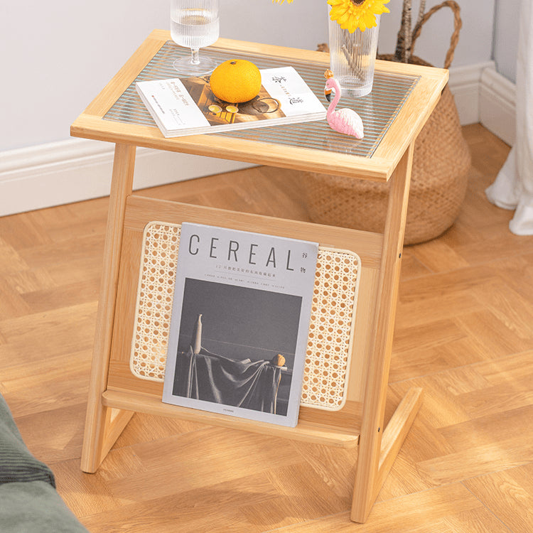 Stunning Natural Wood Tea Table with Intricate Bamboo and Rattan Weaving - Reeded Glass Top in Elegant Brown Grey hsl-84