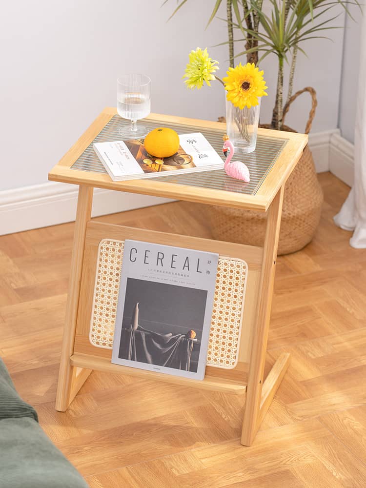 Stunning Natural Wood Tea Table with Intricate Bamboo and Rattan Weaving - Reeded Glass Top in Elegant Brown Grey hsl-84