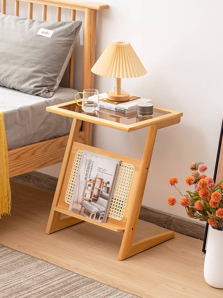 Stunning Natural Wood Tea Table with Intricate Bamboo and Rattan Weaving - Reeded Glass Top in Elegant Brown Grey hsl-84