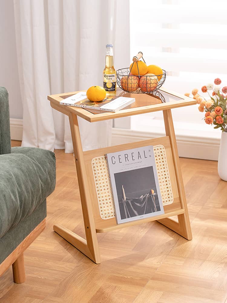 Stunning Natural Wood Tea Table with Intricate Bamboo and Rattan Weaving - Reeded Glass Top in Elegant Brown Grey hsl-84