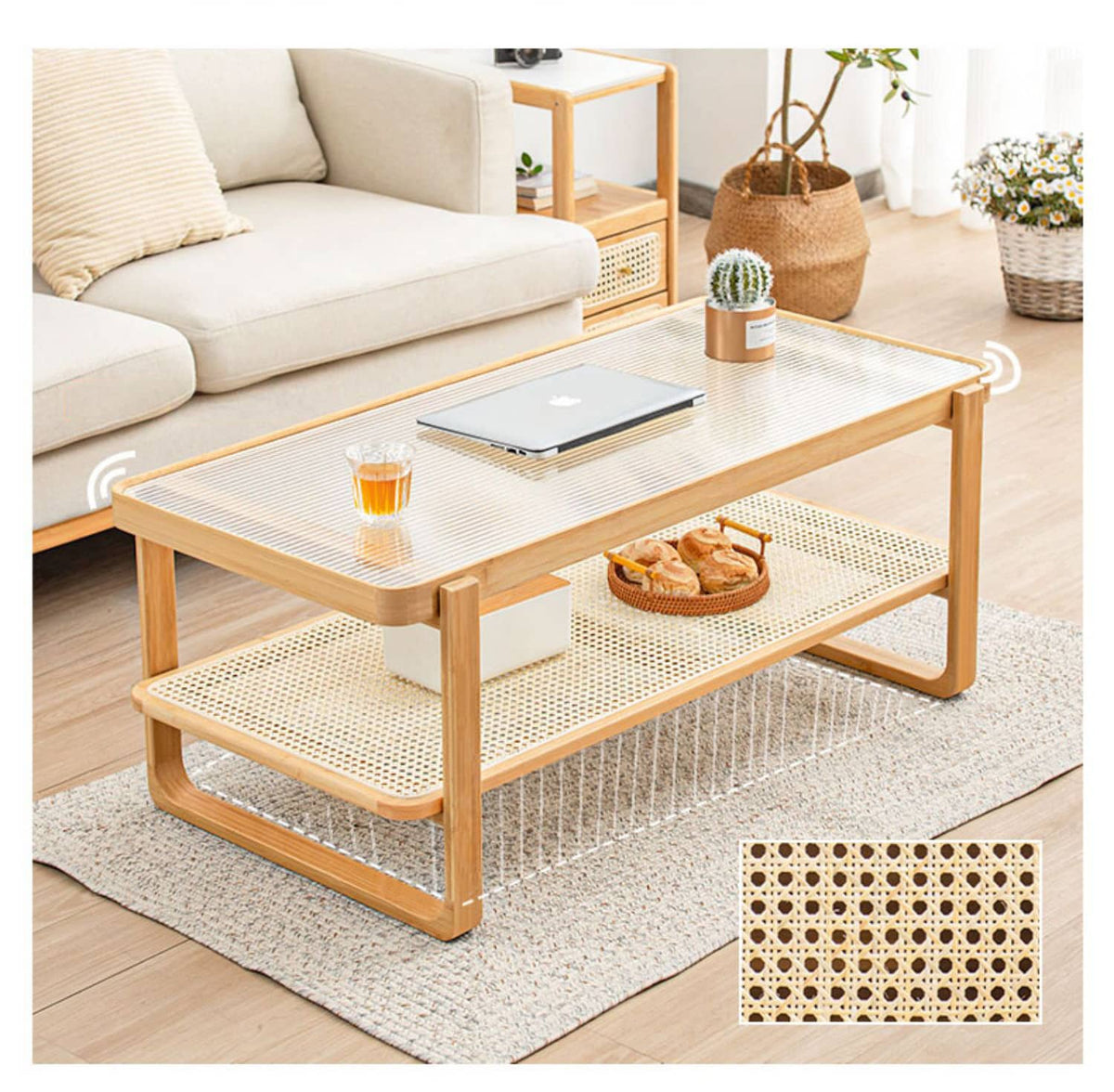 Stunning Bamboo Rattan Weave Tea Table with Glass Top - Natural Wood Finish hsl-85
