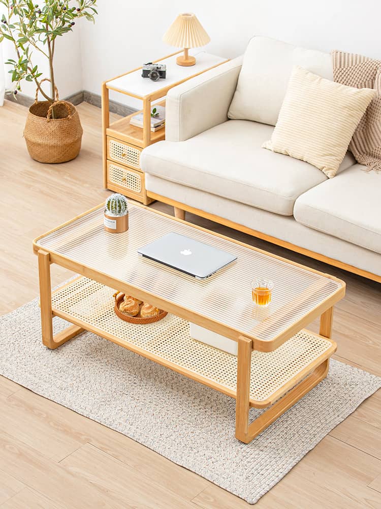 Stunning Bamboo Rattan Weave Tea Table with Glass Top - Natural Wood Finish hsl-85