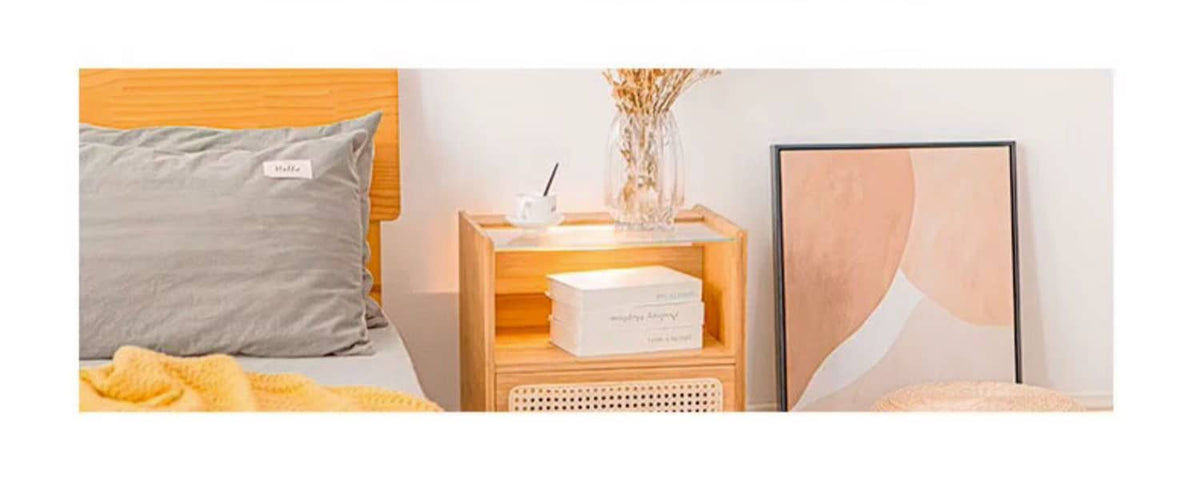 Elegant Natural Bamboo Rattan Bedside Cupboard with Glass Top – Stylish Bedroom Storage Solution hsl-87