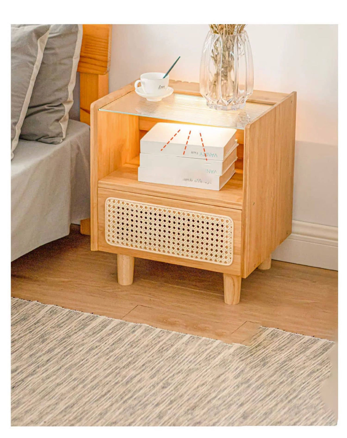 Elegant Natural Bamboo Rattan Bedside Cupboard with Glass Top – Stylish Bedroom Storage Solution hsl-87