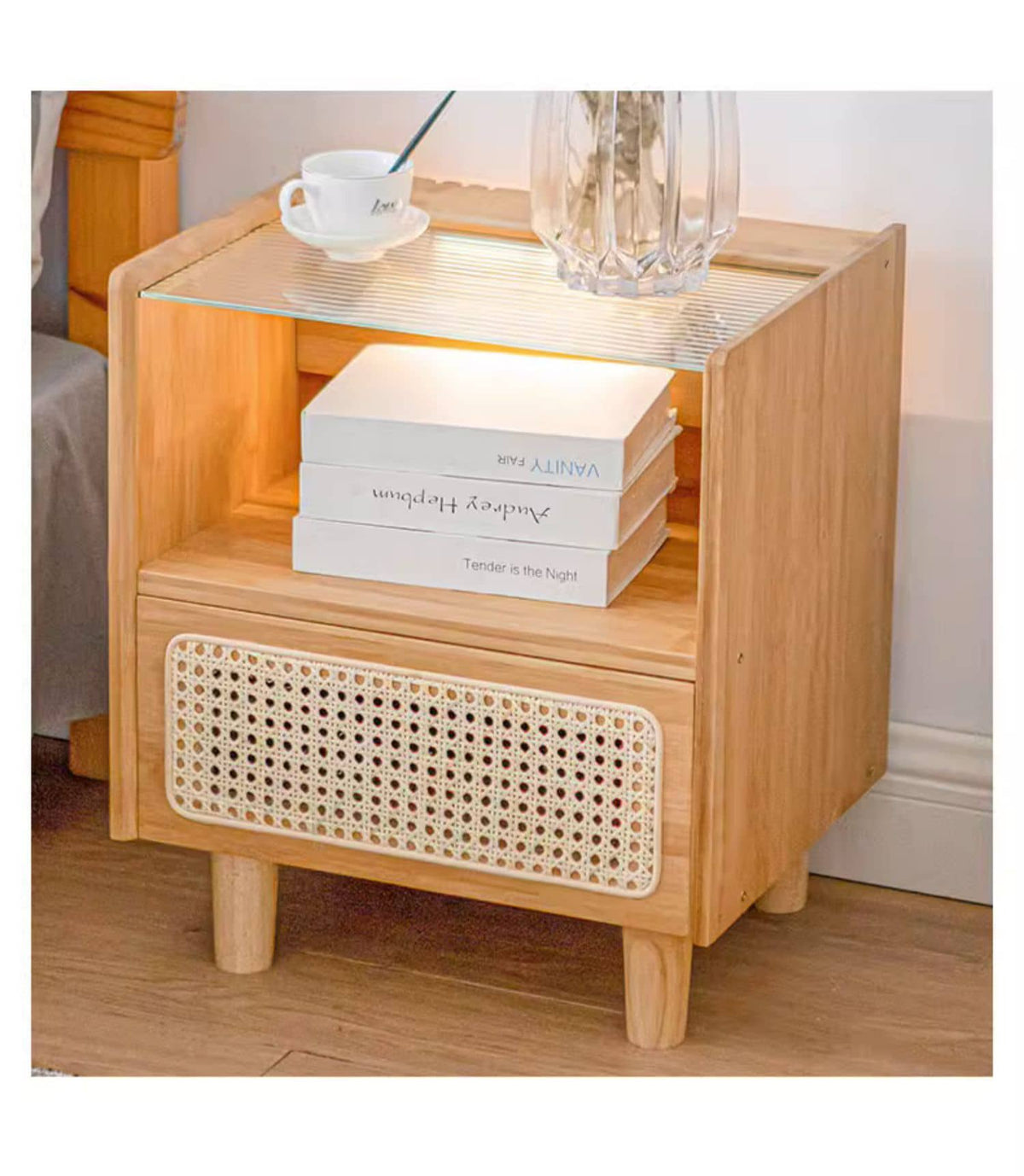 Elegant Natural Bamboo Rattan Bedside Cupboard with Glass Top – Stylish Bedroom Storage Solution hsl-87