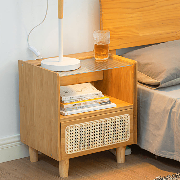 Elegant Natural Bamboo Rattan Bedside Cupboard with Glass Top – Stylish Bedroom Storage Solution hsl-87