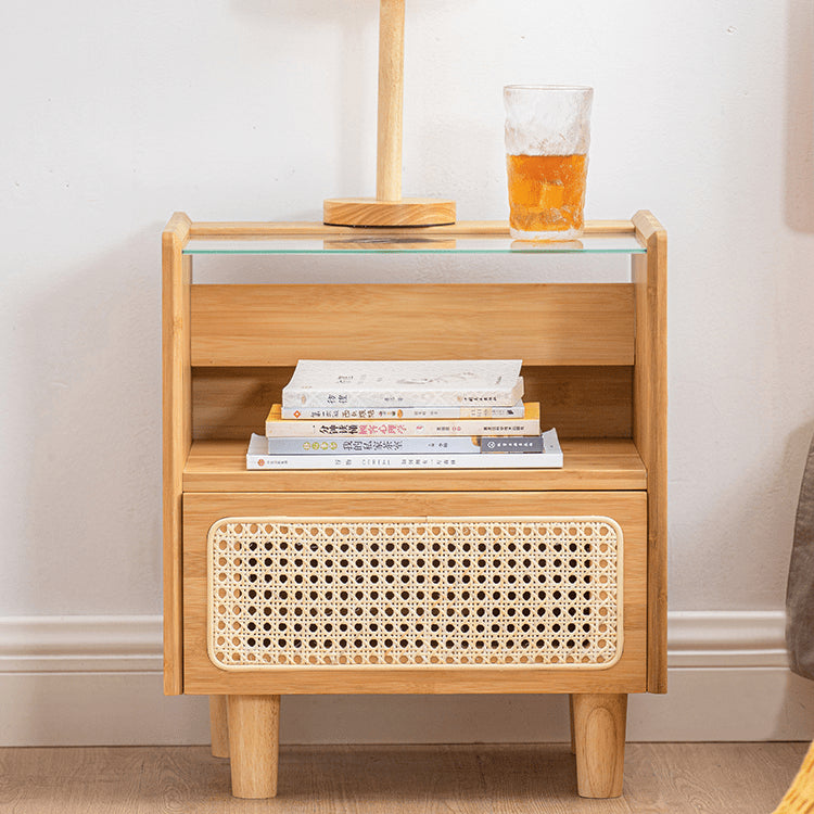 Elegant Natural Bamboo Rattan Bedside Cupboard with Glass Top – Stylish Bedroom Storage Solution hsl-87