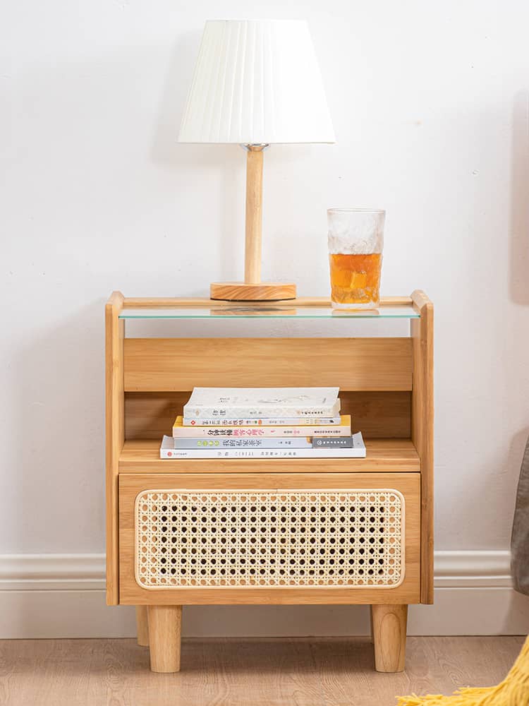 Elegant Natural Bamboo Rattan Bedside Cupboard with Glass Top – Stylish Bedroom Storage Solution hsl-87