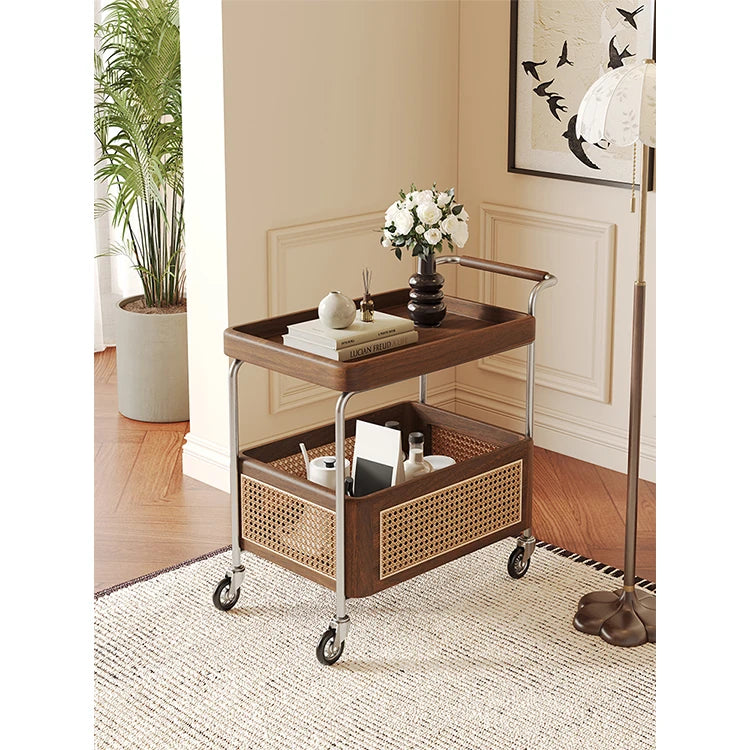 Elegant Solid Wood and Resin Serving Cart with Stainless Steel Frame - Stylish Home Bar and Storage Solution hsms-4906