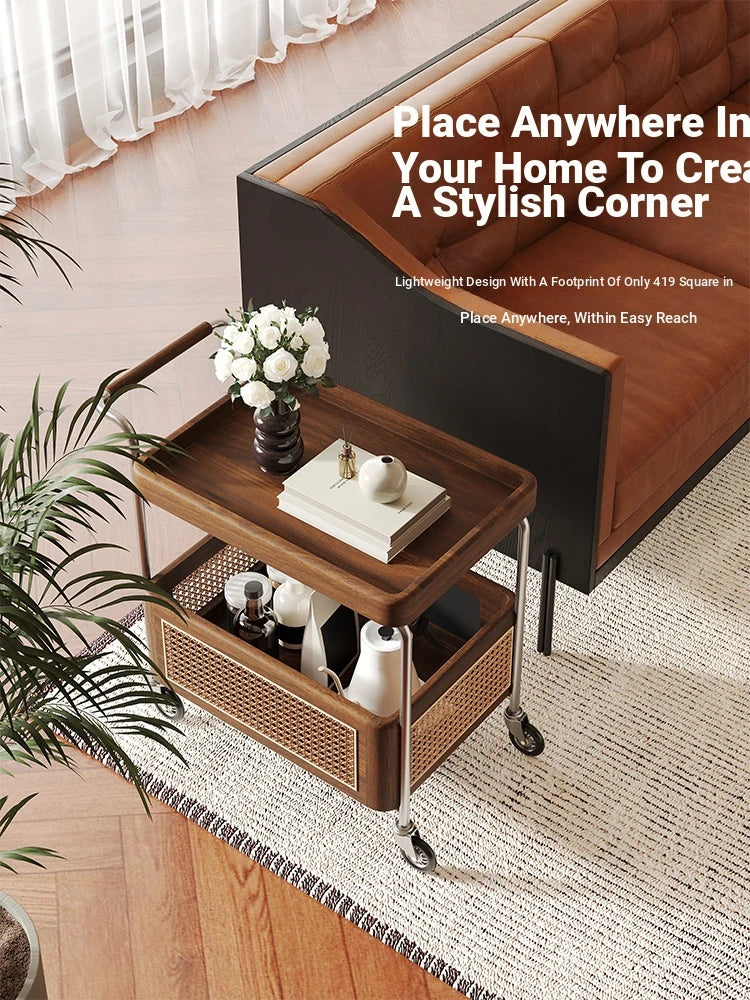 Elegant Solid Wood and Resin Serving Cart with Stainless Steel Frame - Stylish Home Bar and Storage Solution hsms-4906