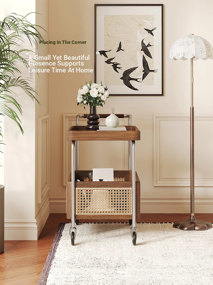 Elegant Solid Wood and Resin Serving Cart with Stainless Steel Frame - Stylish Home Bar and Storage Solution hsms-4906