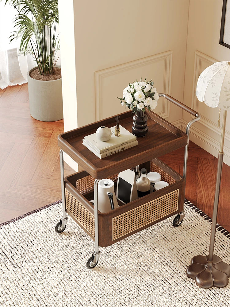 Elegant Solid Wood and Resin Serving Cart with Stainless Steel Frame - Stylish Home Bar and Storage Solution hsms-4906