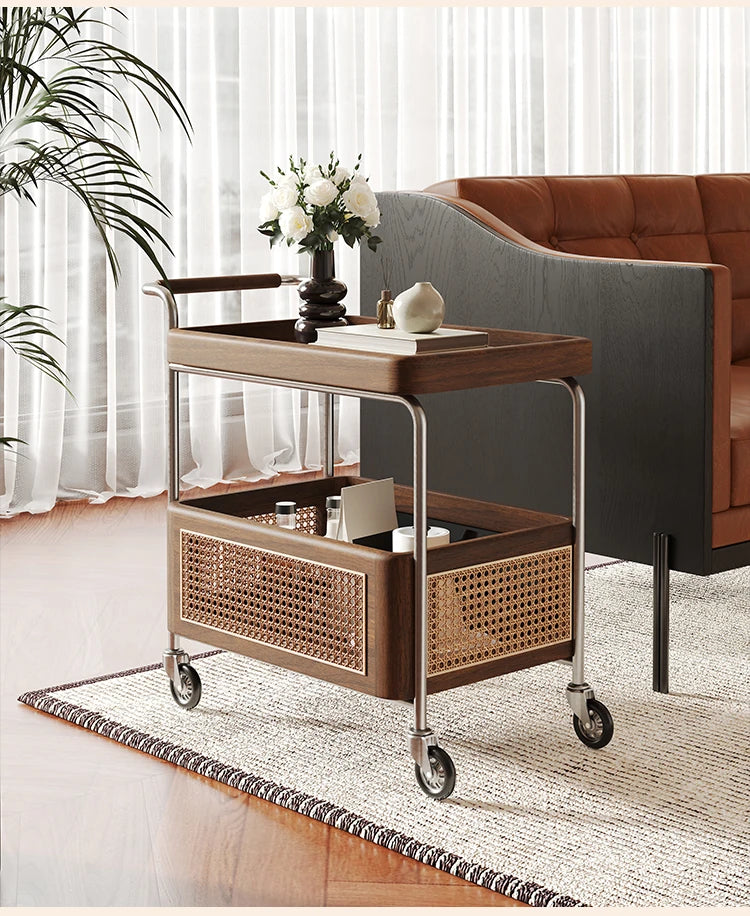Elegant Solid Wood and Resin Serving Cart with Stainless Steel Frame - Stylish Home Bar and Storage Solution hsms-4906