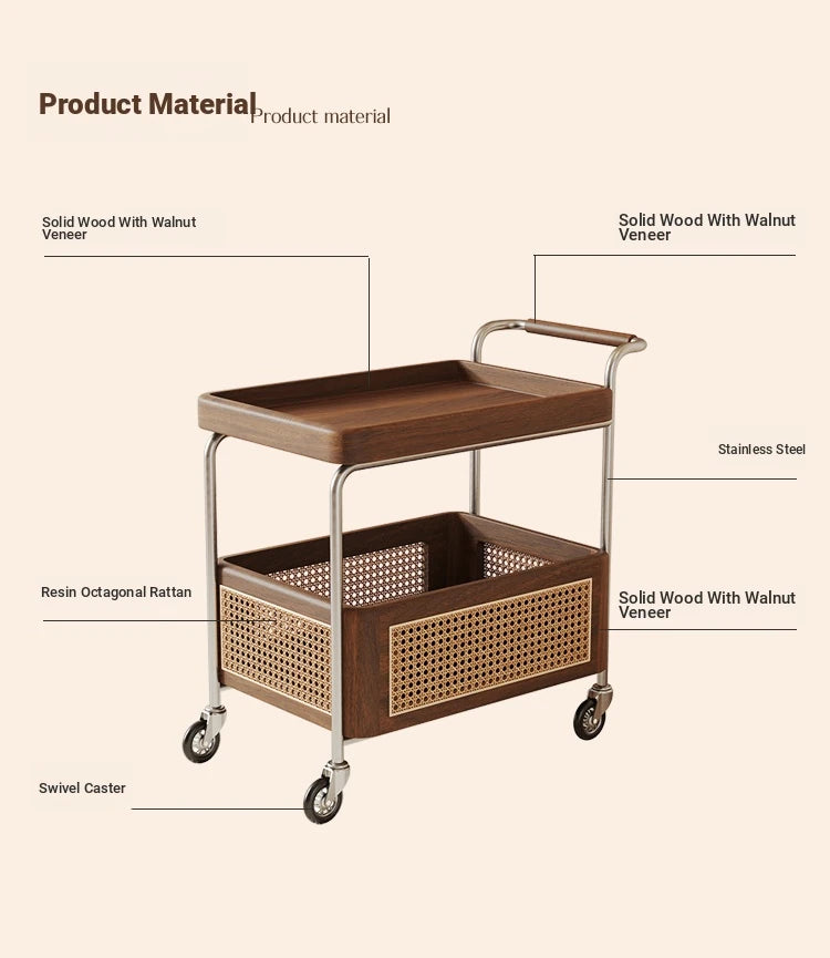 Elegant Solid Wood and Resin Serving Cart with Stainless Steel Frame - Stylish Home Bar and Storage Solution hsms-4906