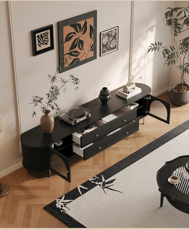 Stylish Modern TV Cabinet with Multi-Layer Board, Glass, and Stainless Steel Accents - Perfect for Living Room Décor hsms-4907