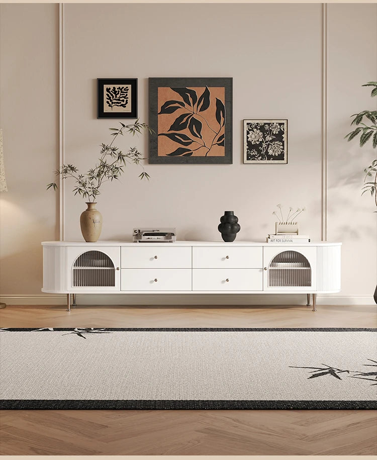 Stylish Modern TV Cabinet with Multi-Layer Board, Glass, and Stainless Steel Accents - Perfect for Living Room Décor hsms-4907