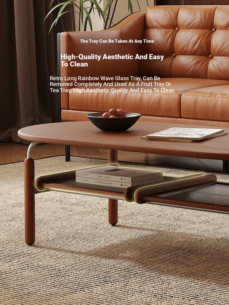 Stylish Ash Wood and Stainless Steel Tea Table with Glass Top - Modern Oval Design for Living Room hsms-4918