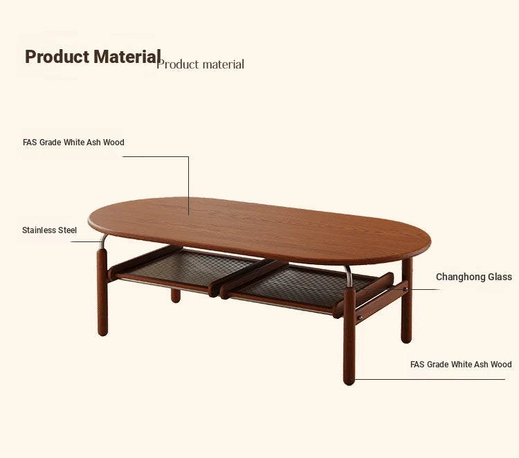Stylish Ash Wood and Stainless Steel Tea Table with Glass Top - Modern Oval Design for Living Room hsms-4918