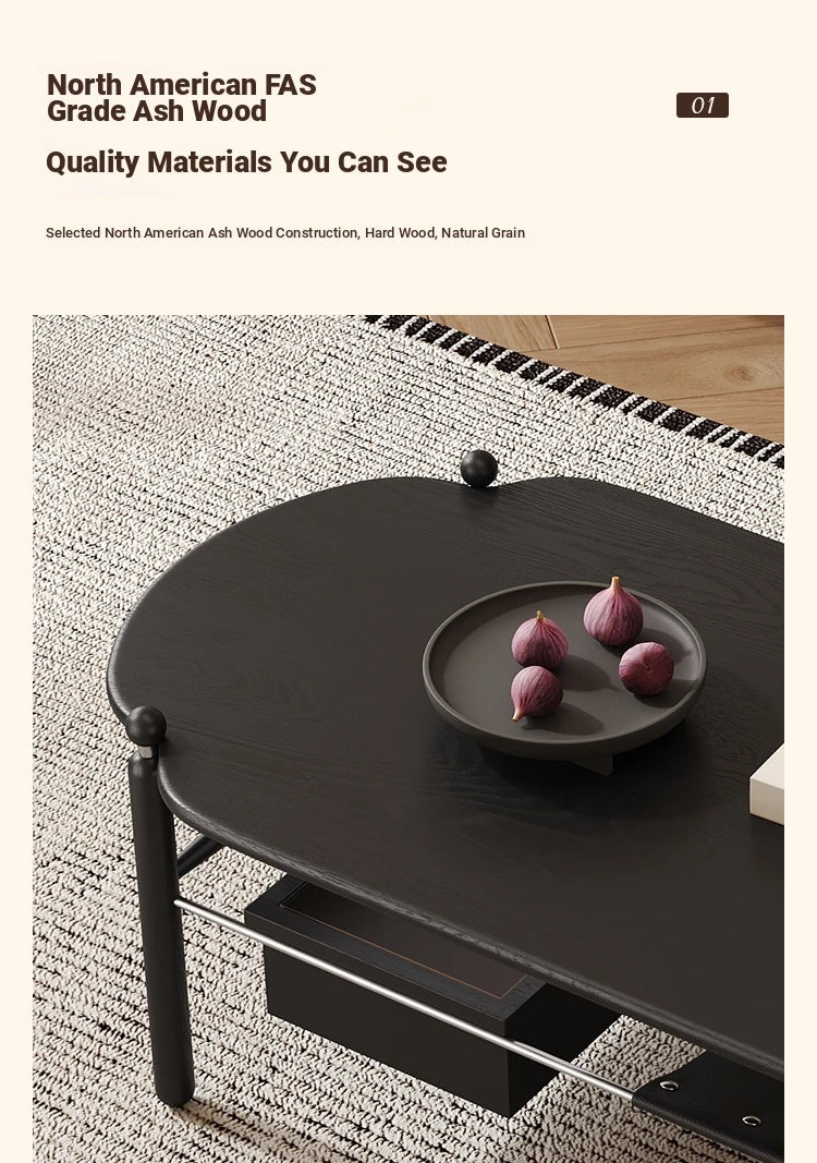 Stylish Black Ash Wood Coffee Table with Synthetic Leather Accents and Hidden Storage Space hsms-4919