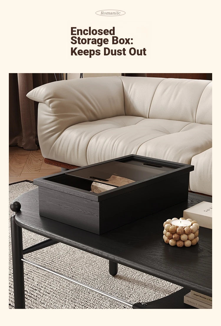 Stylish Black Ash Wood Coffee Table with Synthetic Leather Accents and Hidden Storage Space hsms-4919