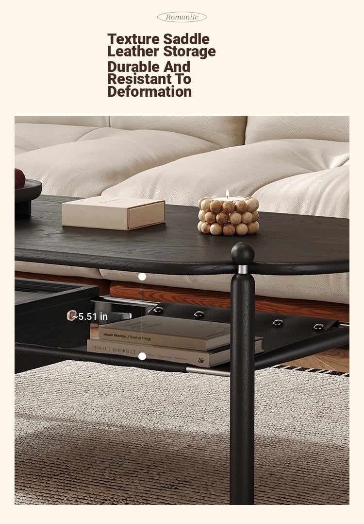 Stylish Black Ash Wood Coffee Table with Synthetic Leather Accents and Hidden Storage Space hsms-4919