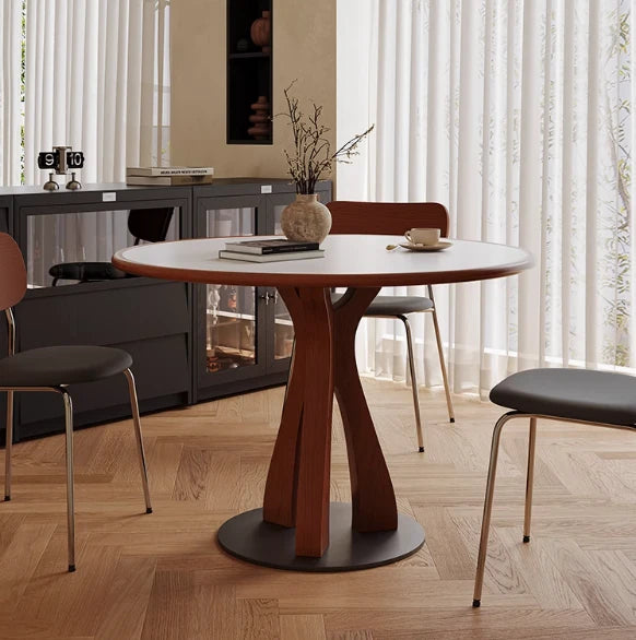 Stylish Solid Wood and Ceramic Sintered Stone Round Dining Table for Modern Interiors hsms-4929