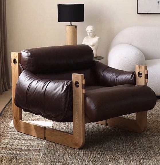 Stylish Ash Wood Armchair with Down Stuffing, Premium Cowhide Leather, and Synthetic Leather Upholstery for Modern Living Spaces hsms-4931