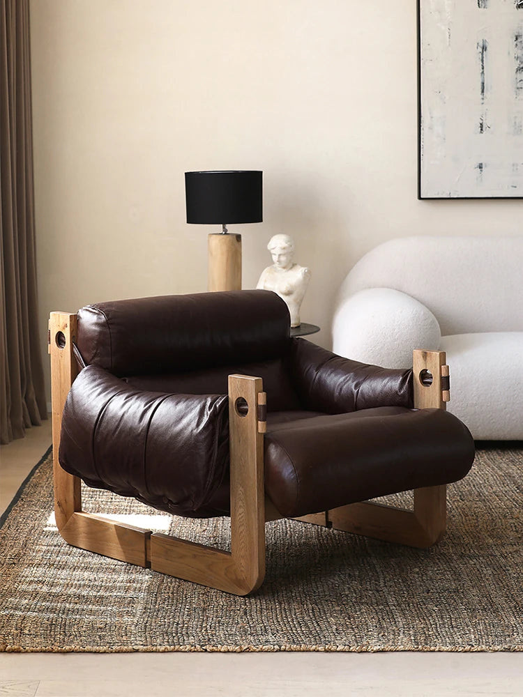 Stylish Ash Wood Armchair with Down Stuffing, Premium Cowhide Leather, and Synthetic Leather Upholstery for Modern Living Spaces hsms-4931