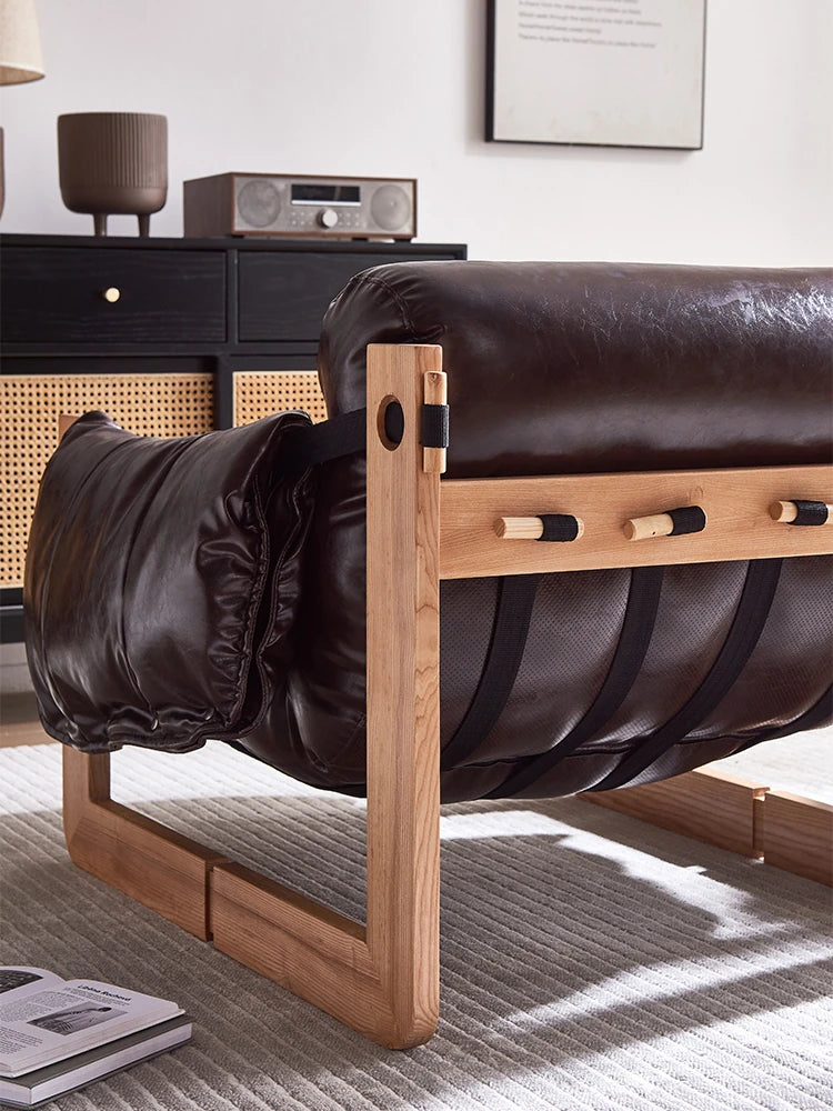 Stylish Ash Wood Armchair with Down Stuffing, Premium Cowhide Leather, and Synthetic Leather Upholstery for Modern Living Spaces hsms-4931