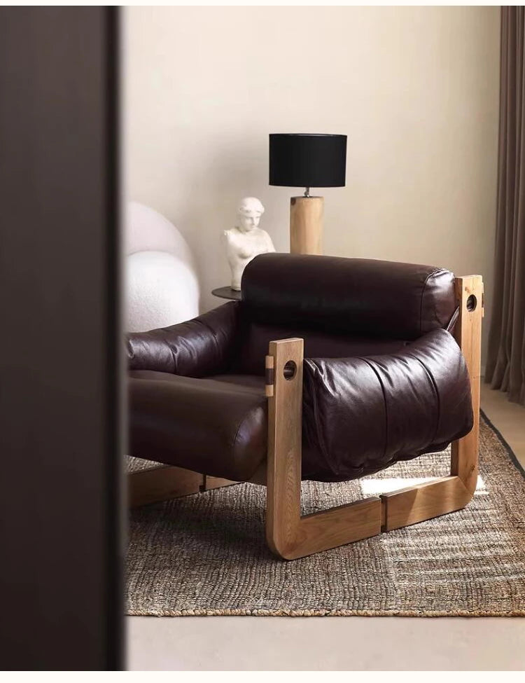 Stylish Ash Wood Armchair with Down Stuffing, Premium Cowhide Leather, and Synthetic Leather Upholstery for Modern Living Spaces hsms-4931