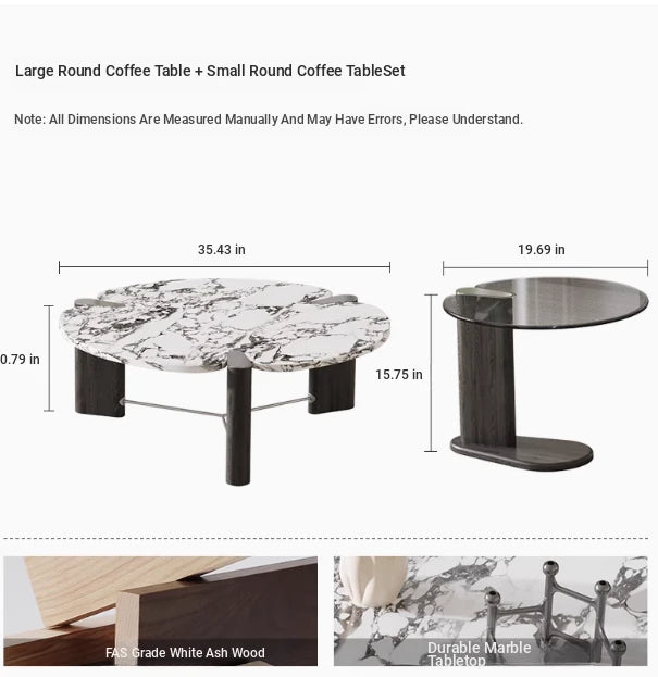 Elegant Ash Wood and Marble Coffee Table with Tempered Glass - Modern Living Room Accent hsms-4936