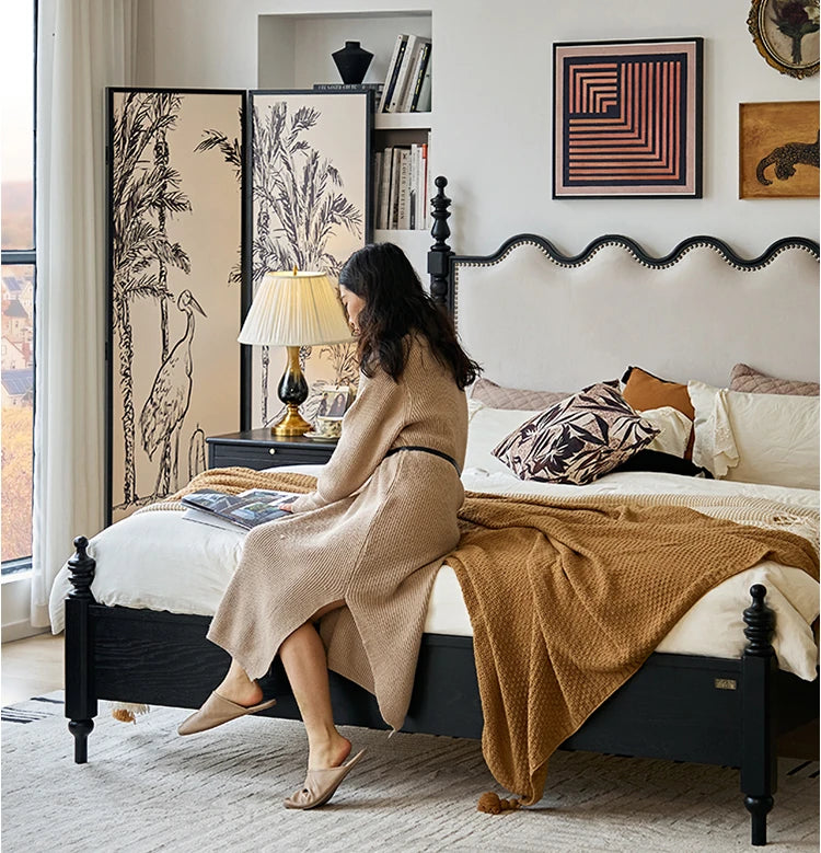 Elegant Red Oak Solid Wood Bed with Suede and Foam Comfort - Modern Multi-Layer Design for Stylish Bedrooms hsxz-2162