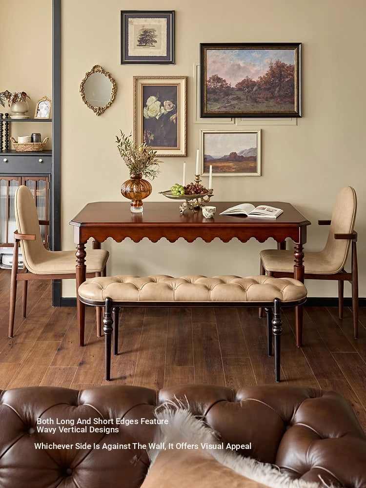 Elegant Solid Wood Dining Table with Beaded Pedestal and Curved Edge - Perfect for Cozy Spaces hsxz-2174