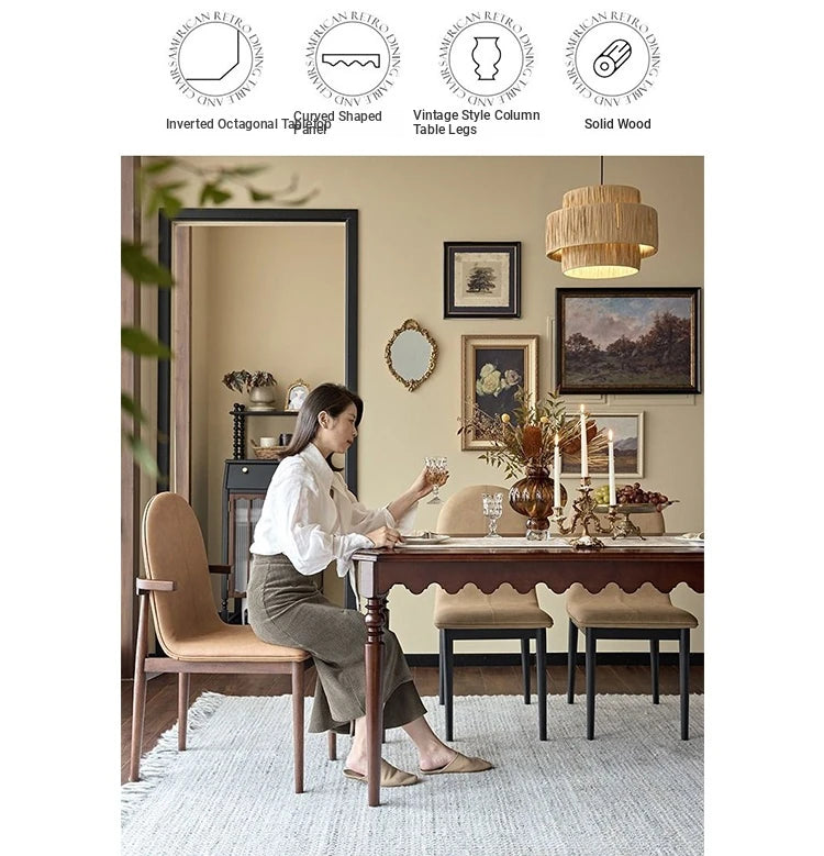 Elegant Solid Wood Dining Table with Beaded Pedestal and Curved Edge - Perfect for Cozy Spaces hsxz-2174