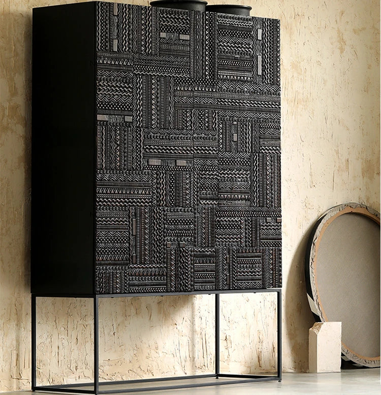 Stylish Oak and Teak Cabinet with Intricate Iron Base - Modern Storage Solution for Your Home hsxz-2189