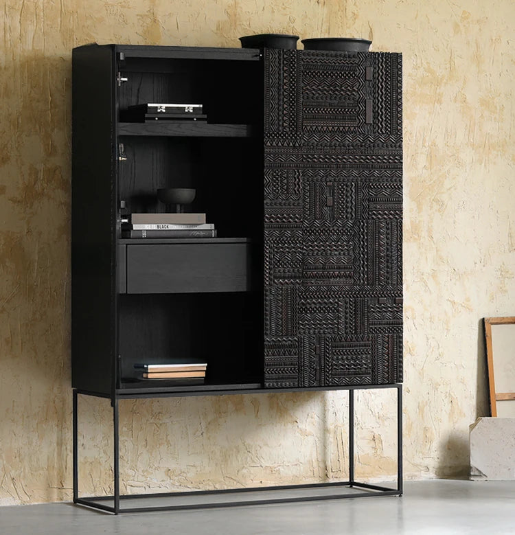 Stylish Oak and Teak Cabinet with Intricate Iron Base - Modern Storage Solution for Your Home hsxz-2189
