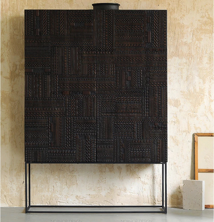 Stylish Oak and Teak Cabinet with Intricate Iron Base - Modern Storage Solution for Your Home hsxz-2189