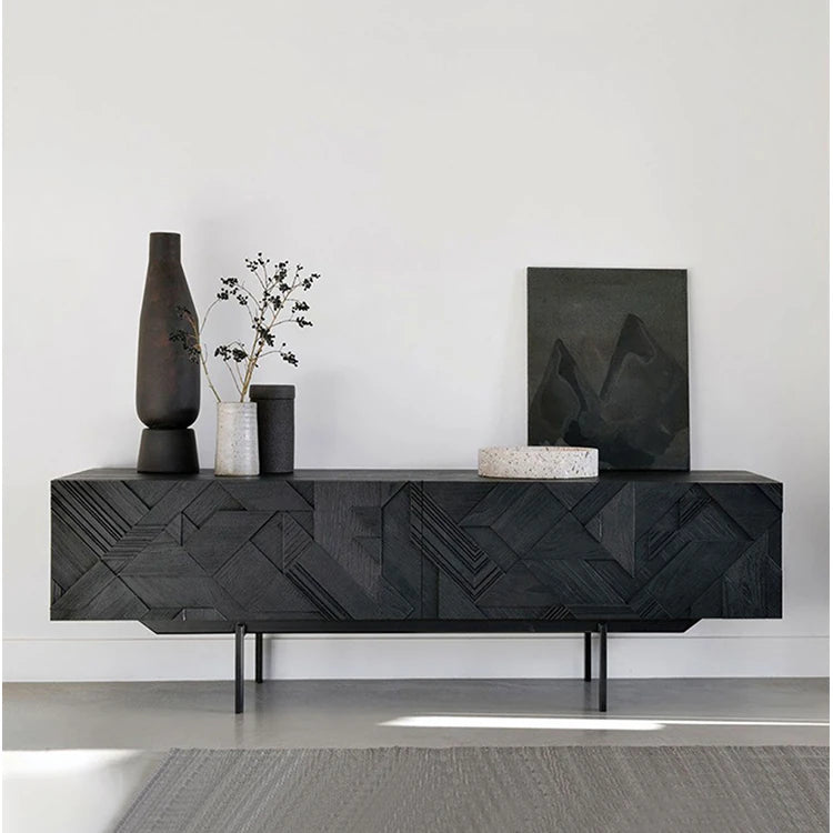 Stylish Teak TV Cabinet with Multi-layer Board and Carbon Steel Legs - Modern Home Entertainment Center hsxz-2195