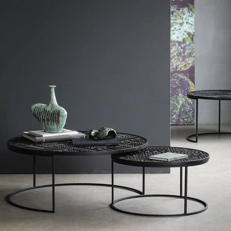Stylish Round Teak and Metal Tea Table with Intricate Pattern Design - Modern Coffee Table for Living Room hsxz-2197